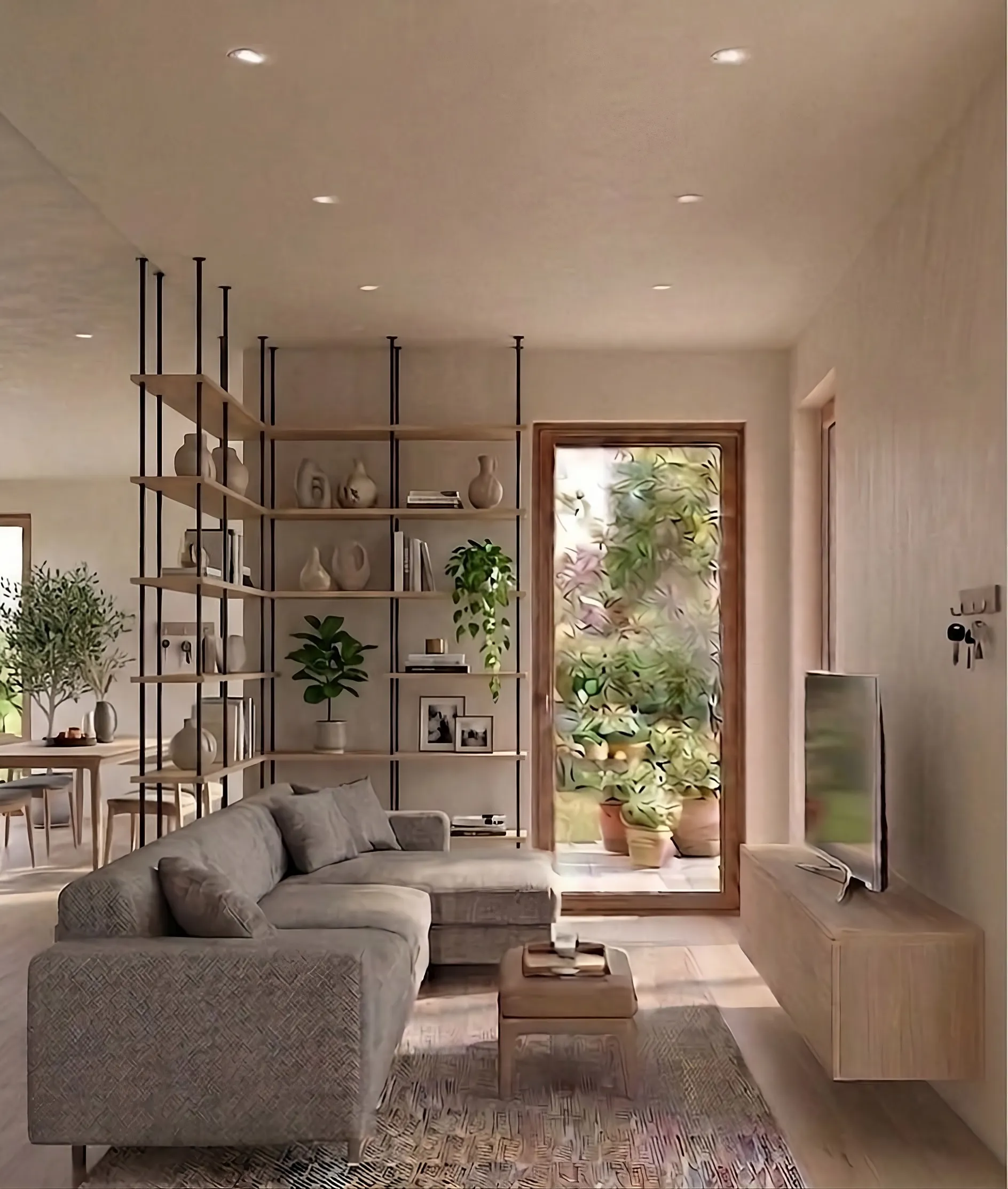 Zona living con libreria bifacciale a vista