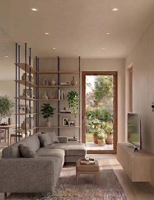 Zona living con libreria bifacciale a vista