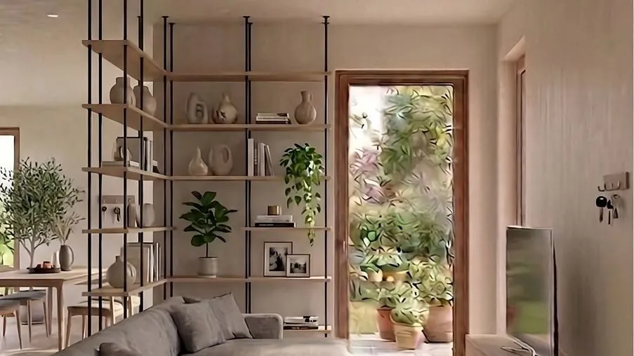 Zona living con libreria bifacciale a vista