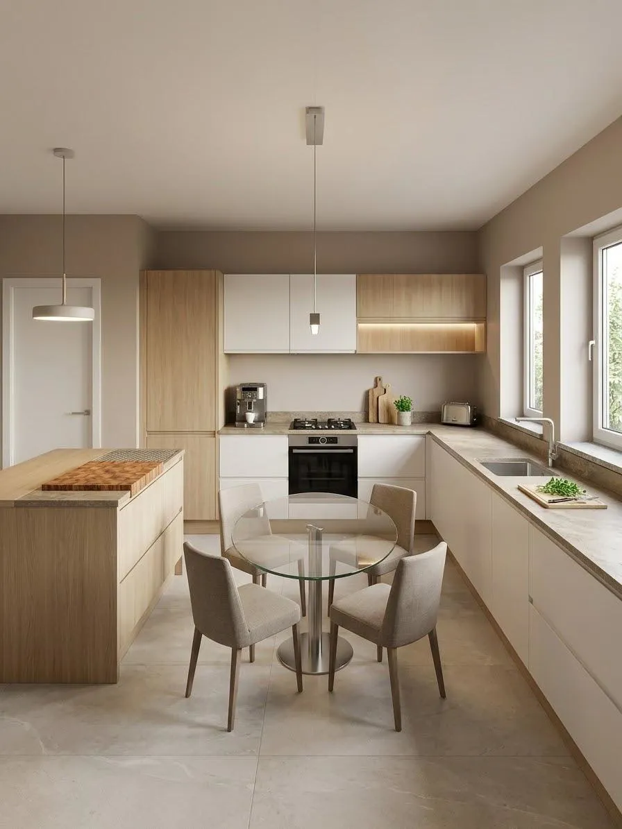 Cucina funzionale con isola e finiture in legno naturale