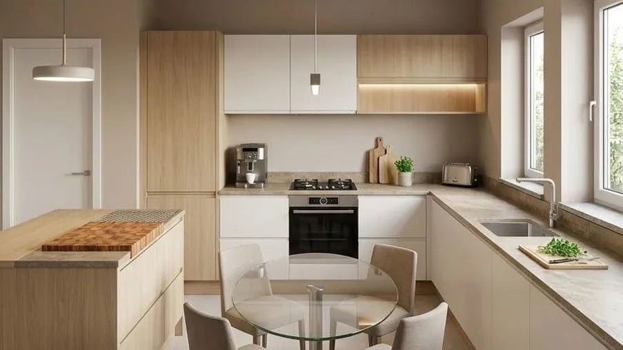 Cucina funzionale con isola e finiture in legno naturale